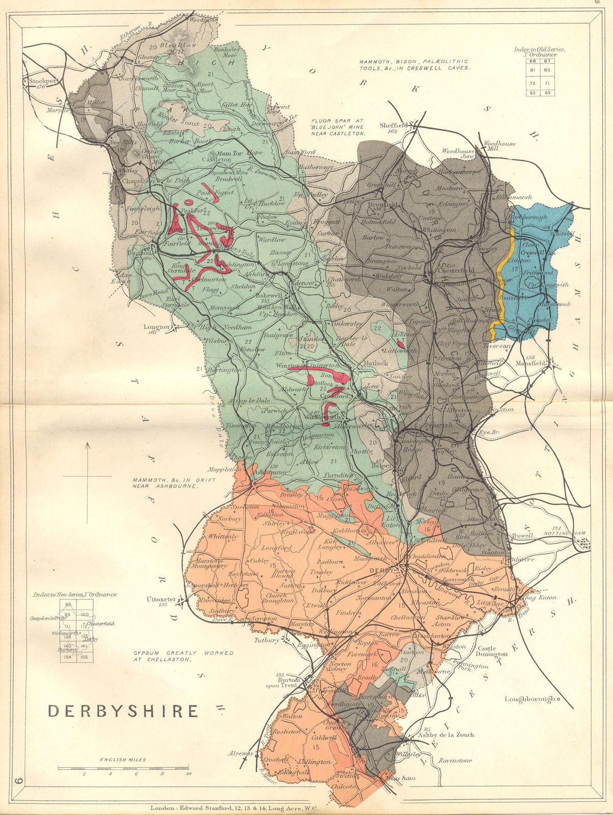 DERBYSHIRE. Geological map. STANFORD 1880 old antique vintage plan chart